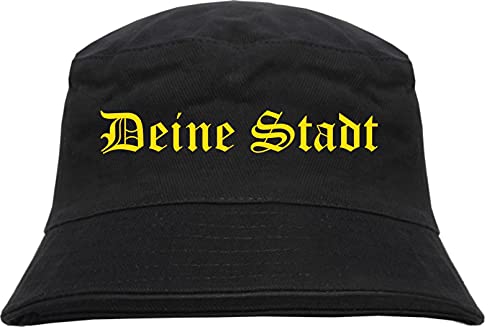 sostex Individueller Anglerhut - altdeutsch - schwarz - Bucket Hat - Fischerhut mit Wunschtext Bedruckt Druckfarbe: Gelb L von sostex