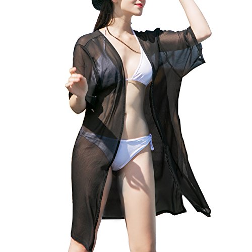 Sommer Chiffon Solide Pareos für Frauen, Damen Sehen Durch Strand Kimono Cardigan Cover up Sommerkleider für Bikini(One Size,Schwarz) von sy soul young