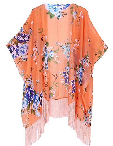 soul young Sommer Strand Kimono für Frauen - Damen Chiffon Pareo Cardigan Cover up Sommerkleider für Bikini(One Size,Orange) von soul young