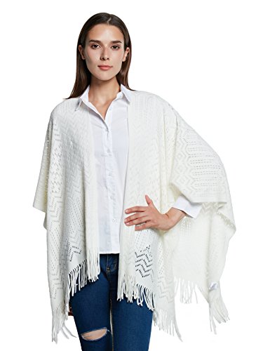 soul young Damen Stricken Stola Große Größen Warm Weich Poncho Shawl Cardigan Kimono(Einheitsgröße,Weiß) von soul young