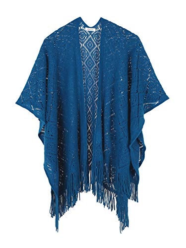 Soul Young Damen Stricken Stola Große Größen Warm Weich Poncho Shawl Cardigan Kimono (Einheitsgröße, Guadratisch Blau) von sy soul young