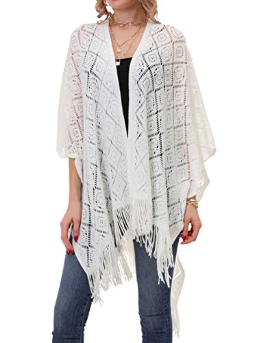 Soul Young Damen Stricken Stola Große Größen Warm Weich Poncho Shawl Cardigan Kimono (Einheitsgröße, Guadratisch Weiß) von sy soul young