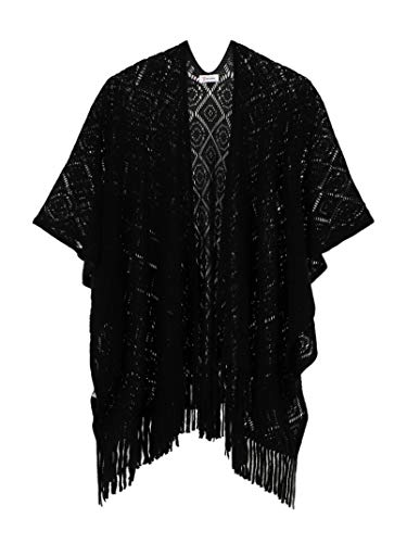 soul young Damen Stricken Stola Große Größen Warm Weich Poncho Shawl Cardigan Kimono (Einheitsgröße, Guadratisch schwarz) von soul young