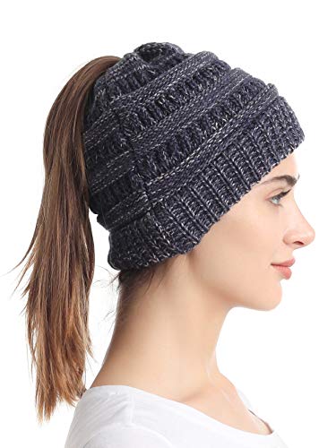 soul young Pferdeschwanz Messy Bun Beanie Tail Knit Hole Strickmütze Weiche Brötchen Winter mütze mit zopfloch für Damen(Einheitsgröße,2 Ton Marine) von soul young