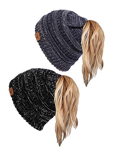 sy soul young Pferdeschwanz Messy Bun Beanie Tail Knit Hole Strickmütze Weiche Brötchen Winter mütze mit zopfloch für Damen(Einheitsgröße,2er-Pack–3-Ton-Schwarz und 2-Ton-Marine) von sy soul young