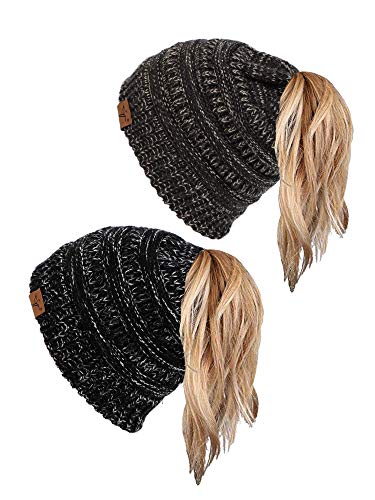 soul young Pferdeschwanz Messy Bun Beanie Tail Knit Hole Strickmütze Weiche Brötchen Winter mütze mit zopfloch für Damen(Einheitsgröße,2er-Pack–3-Ton-Schwarz und 3-Ton-Grau) von soul young