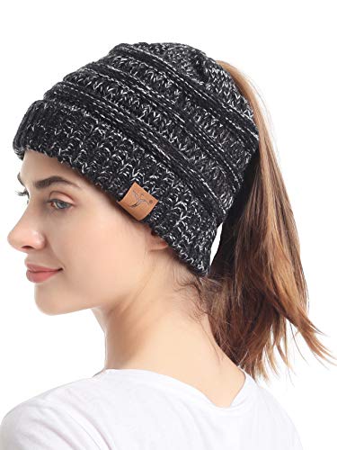 sy soul young Pferdeschwanz Messy Bun Beanie Tail Knit Hole Strickmütze Weiche Brötchen Winter mütze mit zopfloch für Damen(Einheitsgröße,3-Ton-Schwarz) von sy soul young