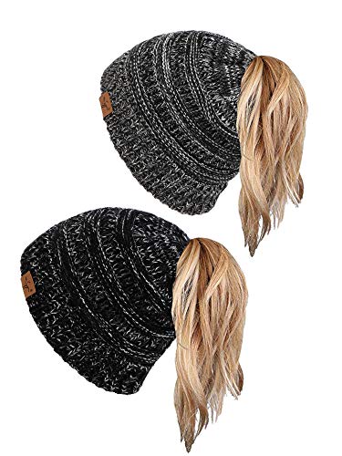 soul young Pferdeschwanz Messy Bun Beanie Tail Knit Hole Strickmütze Weiche Brötchen Winter mütze mit zopfloch für Damen(Einheitsgröße,3-Ton-Schwarz und 3-Ton-Weiß) von soul young