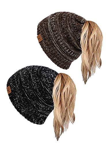 soul young Pferdeschwanz Messy Bun Beanie Tail Knit Hole Strickmütze Weiche Brötchen Winter mütze mit zopfloch für Damen(Einheitsgröße2er-Pac –3-Ton-Schwarz und 3-Ton-Kaffee) von soul young