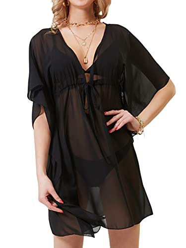 soul young Strandkleid damen Sommer Badeanzug Bademode V-Ausschnitt Vertuschen Bikini Chiffon cover up Strandponcho Strandurlaub knielang(Einheitsgröße,Schwarz) von soul young