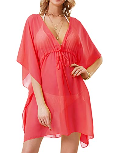 soul young Strandkleid damen Sommer Badeanzug Bademode V-Ausschnitt Vertuschen Bikini Chiffon cover up Strandponcho Strandurlaub knielang(Einheitsgröße,Heißes Rosa) von soul young