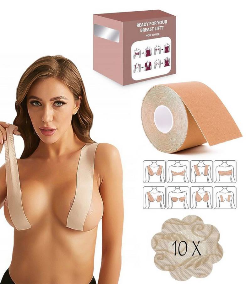 soulima Bügelloser BH Boob Tape Brustband Klebe BH +10x Brustwarzenabdeckungen sicherer Halt (Brustband-Set, 1x Brustband, 10x Brustwarzenabdeckung) Unsichtbar von soulima