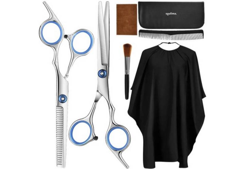 soulima Haarschere Profi- Friseur Haar-Set: Scheren, Kamm, Bürste, Umhang & Etui., (Profisonelles Friseur Scheren Set mit Umhang und Pinsel, 7-tlg., Set-Typ: Haar-Set für professionelles Schneiden und Styling), Zwei Scheren für präzises Schneiden und Effilieren von soulima