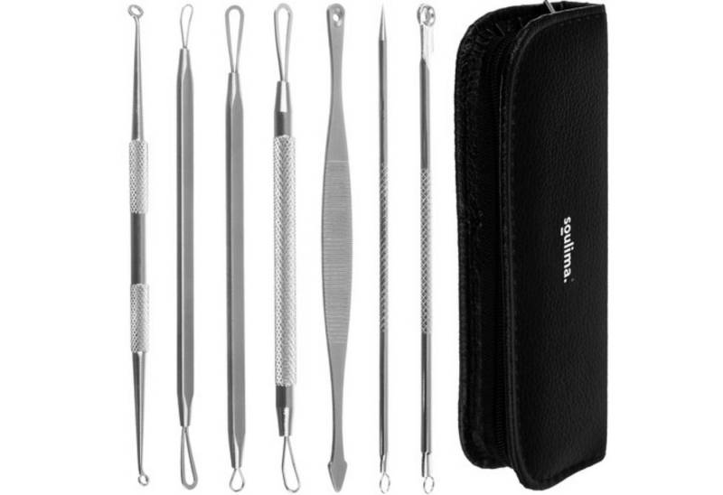soulima Mitesserentferner Mitesser-Extraktor-Set: 7-tlg. Profi-Tools für effektive Hautpflege, Mitesserentferner-Set, 7-tlg., Set mit 7 doppelseitigen Löffeln und praktischem schwarzen Etui., Sichere Entfernung von Hautunreinheiten ohne Hautverletzungen. von soulima