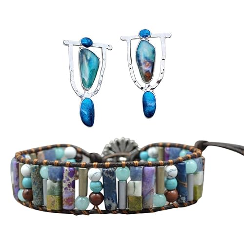 Soulnioi Achat-Perlen, verstellbares Armband und Marmor-Imitat, Naturstein, unregelmäßige blaue Ohrringe, spiritueller Schmuck, Geschenk für Frauen und Mädchen von soulnioi