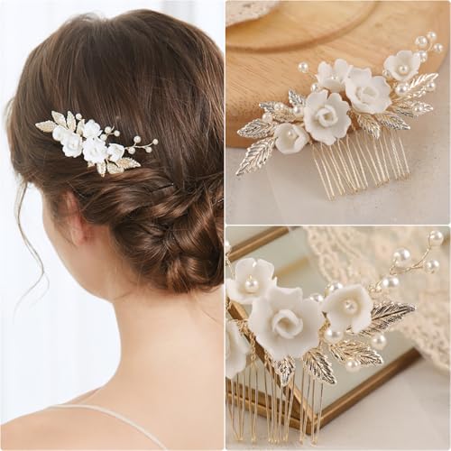 Handgefertigter Keramik-Blumen-Braut-Haarkamm, Hochzeits-Haarschmuck, Perllegierung, Blatt, Braut-Haarschmuck, Hochzeits-Haarkamm für Frauen Handgefertigter Keramik-Blumen-Braut-Haarkamm, Hochzeits-Haarschmuck, Perllegierung, Blatt, Braut-Haarschmuck, Hochzeits-Haarkamm für Frauen von soulshow