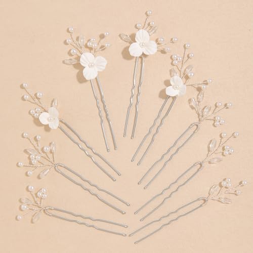 Soulshow 9 Stück silberne Perlen-Braut-Haarnadeln für Frauen, handgefertigt, widerstandsfähig, kein Verformungsmaterial, Polymer-Ton, Blume, Hochzeits-Haarnadeln, Braut-Haarschmuck von soulshow