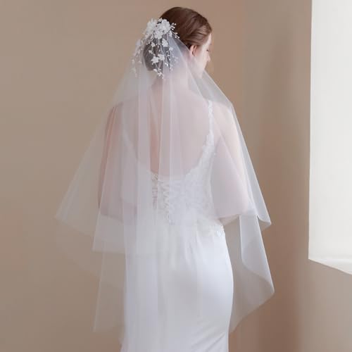 soulshow BV201 Brautschleier mit weißen Blumen bedeckt, handgefertigt, Perlen, Junggesellinnenabschied, mit Kamm, Brautschleier, Stirnband, Haarschmuck für Hochzeit von soulshow