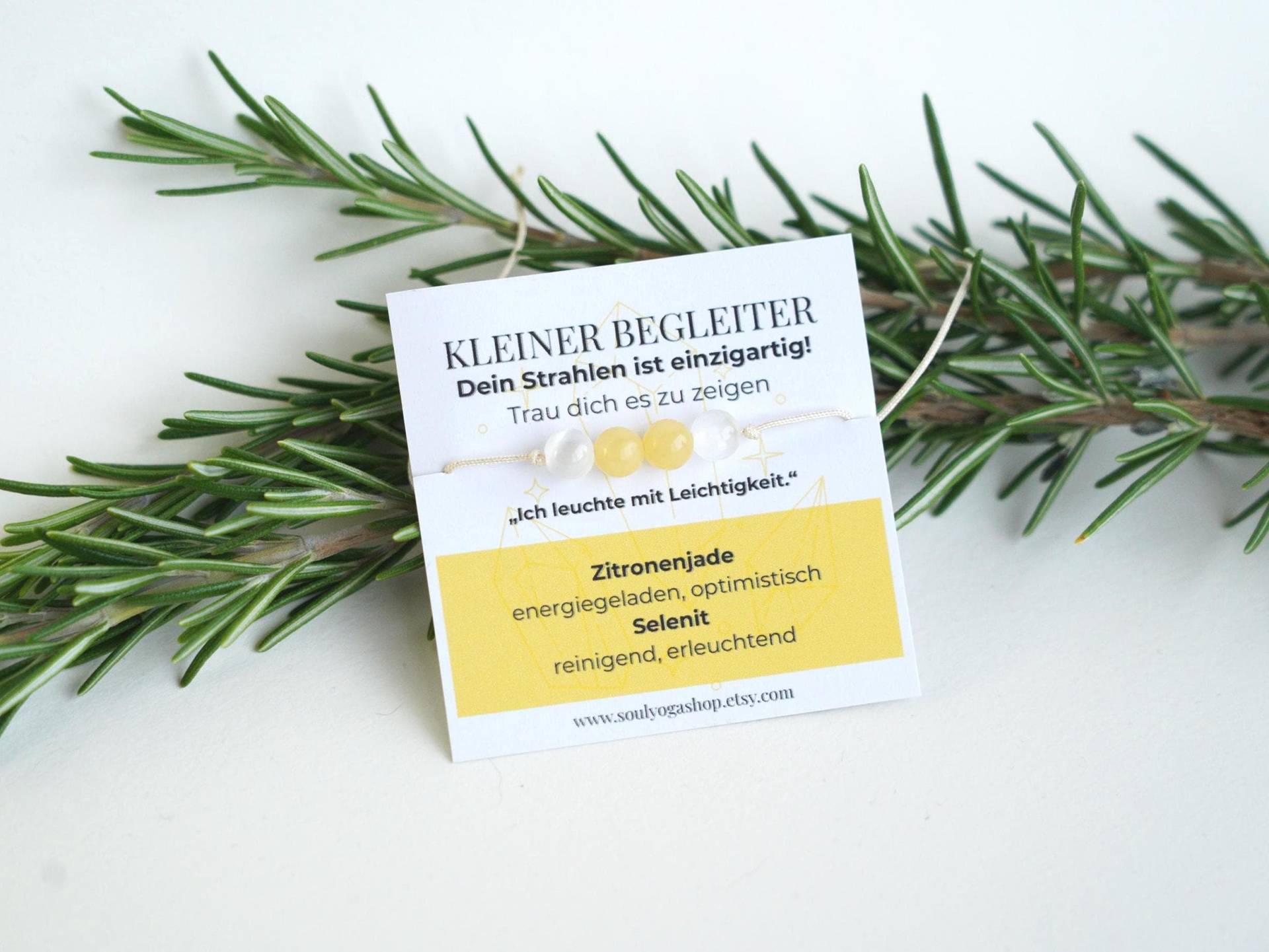 Kleiner Begleiter "Dein Strahlen Ist Einzigartig" - Edelsteinarmband Zitronenjade & Selenit, Leichtigkeit Und Strahlen, Geschenk Freundin von soulyogashop