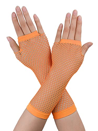 sourcing map Damen Fingerlose Mesh 1980er Fancy Party Kostüm Accessoires Netzhandschuhe Orange Lang-1 Paar von sourcing map