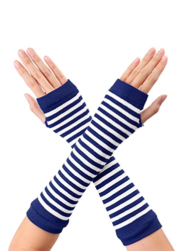 sourcing map Damen Gestrickte Fingerlose Daumenloch Ellenbogenlange Handschuhe mit Streifenmuster 1 Paar Blau Weiss One Size von sourcing map