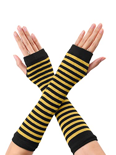 sourcing map Damen Gestrickte Fingerlose Daumenloch Ellenbogenlange Handschuhe mit Streifenmuster 1 Paar Gelb Schwarz One Size von sourcing map