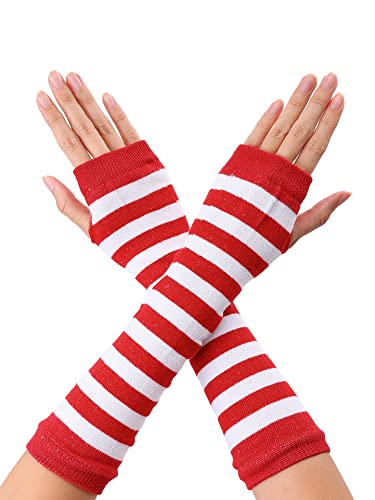sourcing map Damen Gestrickte Fingerlose Daumenloch Ellenbogenlange Handschuhe mit Streifenmuster 1 Paar Rot-weiße breite Streifen One Size von sourcing map