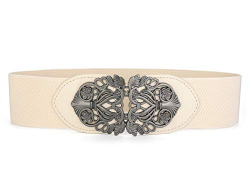 sourcing map Damen Vintage Elastisch Metallschnalle Hollow Blumen Breite Taillengürtel Gürtel Beige von sourcing map