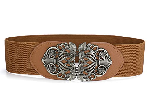 sourcing map Damen Vintage Elastisch Metallschnalle Hollow Blumen Breite Taillengürtel Gürtel Braun von sourcing map