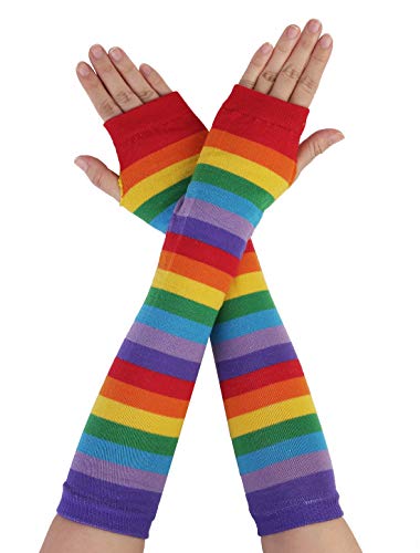 sourcing map Damen Winter Regenbogen Streifen Fingerless Ellenbogen Lange Strickhandschuhe Mehrfarbig 36.5 x 8.5cm von sourcing map