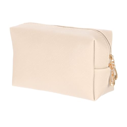 sourcing map Quadratische Make-up-Tasche aus PU-Leder, Kosmetiktasche, Reißverschluss, Reise-Kulturbeutel für Damen, für Make-up-Pinselhalter, cremefarben von sourcing map