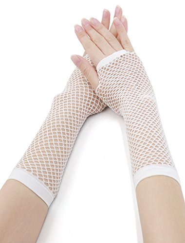 sourcing map Damen Fingerlose Mesh 1980er Kostümparty Kostümzubehör Netzhandschuhe 2 Paar Weiß Long-2 Pairs von Allegra K