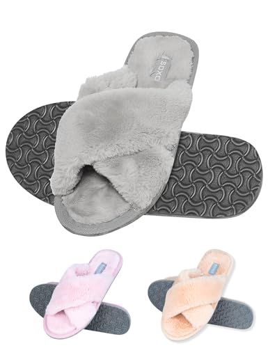 soxo Plüsch Hausschuhe Damen Pantoletten Sommer Latschen Cozy Slipper Gäste Schlappen 35/36 Grau von soxo