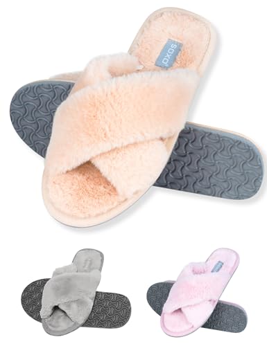 soxo Plüsch Hausschuhe Damen Pantoletten Sommer Latschen Cozy Slipper Gäste Schlappen 35/36 Beige von soxo