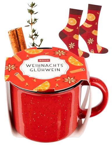 soxo Glühwein Weihnachten Socken + Becher Lustige Herren Geschenke Für Frauen 35-40 Glühwein Socken 1 Paar + Becher von soxo