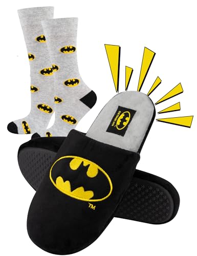 soxo DC Comics The Batman Superman Hausschuhe Herren Cozy Slipper Lustig Pantoletten 43/44 Batman Hauschuhe + Socken 40-45 von soxo