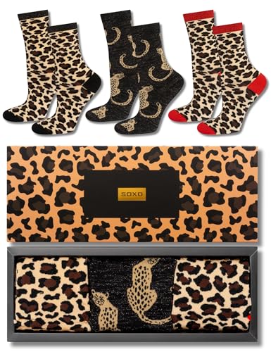soxo Leopard Socken Damen Tiermuster Geschenke Für Frauen Bunte Damensocken Animalprint 35-40 Braun 3 Paar von soxo