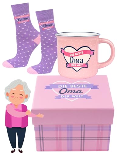 soxo Oma Socken Damen Geschenke Für Frauen Lustige Geschenk Bunte Damensocken Socks 35-40 Socken 1 Paar + Becher von soxo