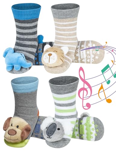 soxo Rasselsocken Stoppersocken Baby Geschenk Junge Rassel Mädchen Anti Rutsch Socken 4 Paar 6-12 Monate Katze Dino von soxo