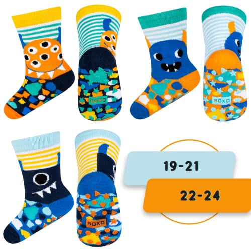 soxo Stoppersocken Kinder Baby Geschenk Junge Anti Rutsch Socken Antirutschsocken 3 Paar 12-36 Monate Monster von soxo