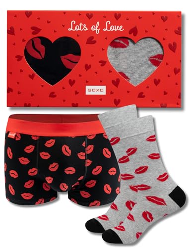 soxo Valentinstag Boxershorts Herren Und Lustige Socken Geschenke Männer Baumwolle Lippen Boxershorts M + Socken 40-45 von soxo