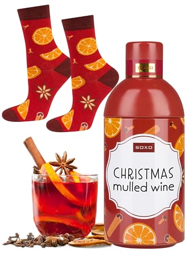 soxo Glühwein Weihnachten Socken + Becher Lustige Herren Geschenke Für Frauen 35-40 Mulled Wine 1 Paar von soxo