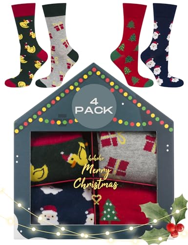 soxo Weihnachten Socken Herren Geschenke Für Frauen Männer Weihnachtssocken Damen 4 Paar 40-45 Weihnachtsbox 4 von soxo