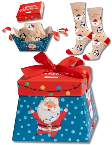 soxo Weihnachts Socken Herren Damen Geschenksocken in Geschenkbox mit Schleife Weihnachtsmann 35-40 Blau von soxo