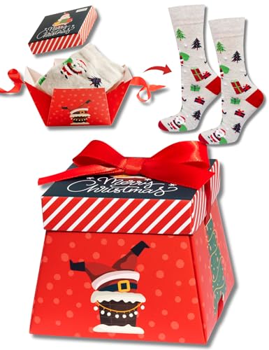 soxo Weihnachts Socken Herren Damen Geschenksocken in Geschenkbox mit Schleife Weihnachtsmann 35-40 Rot von soxo