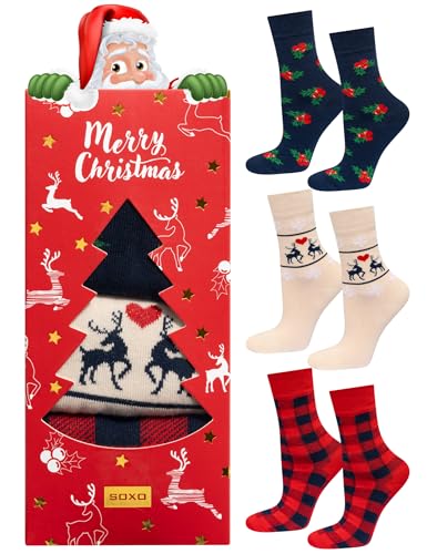 soxo Weihnachts Socken für Damen Geschenk Socke in Geschenkbox Weihnachten 35–40 Rot 3 Paar von soxo