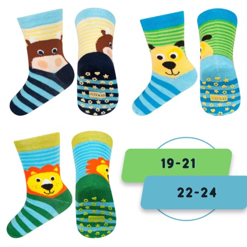 soxo Stoppersocken Kinder Baby Geschenk Junge Anti Rutsch Socken Antirutschsocken 3 Paar 6-12 Monate Löwe Kuh Hund von soxo