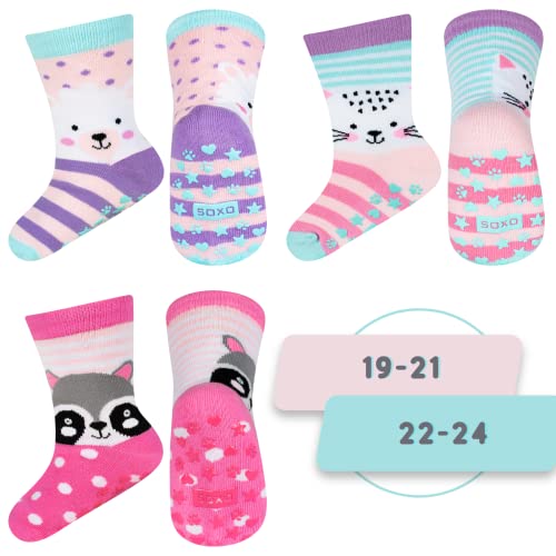 soxo Stoppersocken Kinder Baby Geschenk Junge Anti Rutsch Socken Antirutschsocken 3 Paar 6-12 Monate Schafe Katze Waschbär von soxo