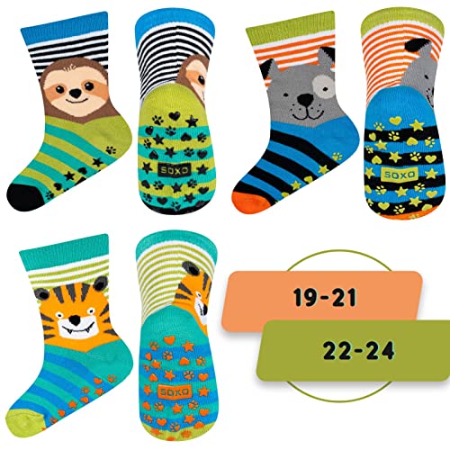 soxo Stoppersocken Kinder Baby Geschenk Junge Anti Rutsch Socken Antirutschsocken 3 Paar 12-36 Monate Tiger Faultier Hund von soxo