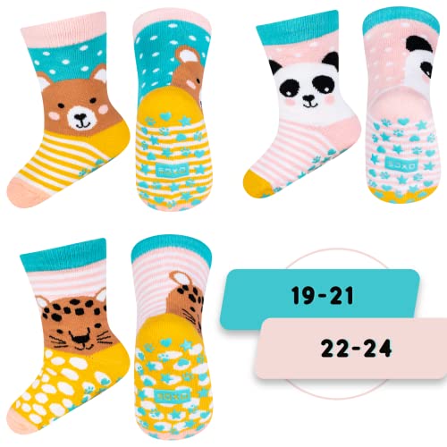 soxo Stoppersocken Kinder Baby Geschenk Junge Anti Rutsch Socken Antirutschsocken 3 Paar 12-36 Monate Teddybär Panda Panther von soxo